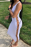 Black Euramerican Pure Color Sleeveless Sexy Fashion V Collar Side Spliced Midi Dress BLG144921-2