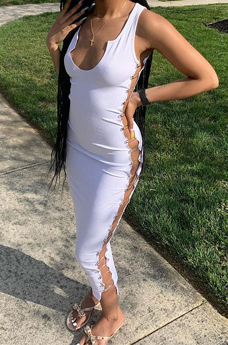 White Euramerican Pure Color Sleeveless Sexy Fashion V Collar Side Spliced Midi Dress BLG144921-1