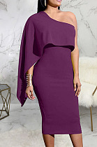 Purple Luxe Elegant Oblique Shoulder Collect Waist For Party Plain Dress SMR5396-1