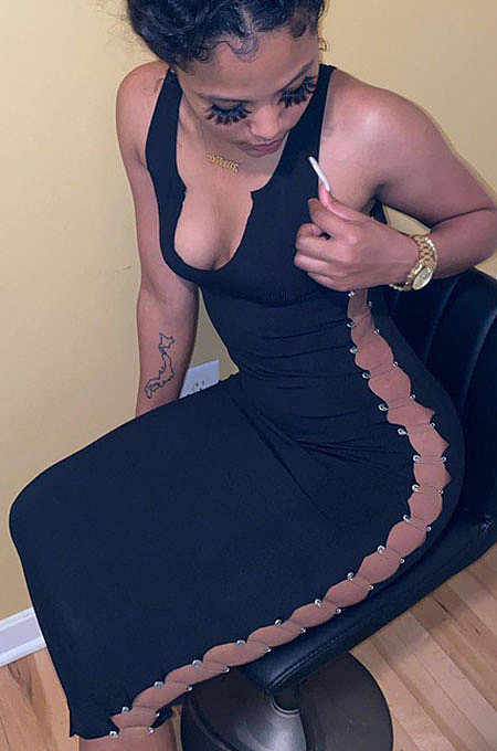 Black Euramerican Pure Color Sleeveless Sexy Fashion V Collar Side Spliced Midi Dress BLG144921-2