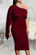 Wine Red Luxe Elegant Oblique Shoulder Collect Waist For Party Plain Dress SMR5396-4