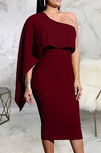 Wine Red Luxe Elegant Oblique Shoulder Collect Waist For Party Plain Dress SMR5396-4