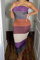 Purple Wuramerican Women's Fashion Casual Color Matching Ribber Strapless Midi Dress AYL2027-1