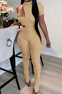 Khaki Autumn Solid Color Left Side Short Sleeve Right Side Dew Waist Sleeveless Irregular Strapless Jumpsuits Sets HMA2084-8