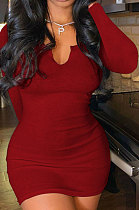 Dark Red Euramerican Women's Ribber Autumn V Collar Bodycon Sexy Mid Waist Long Sleeve Mini Dress HHX1120-9