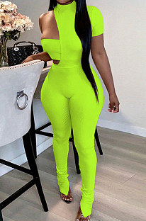 Neon Green Autumn Solid Color Left Side Short Sleeve Right Side Dew Waist Sleeveless Irregular Strapless Jumpsuits Sets HMA2084-6