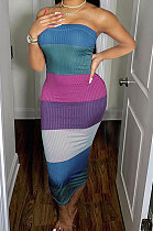 Blue Wuramerican Women's Fashion Casual Color Matching Ribber Strapless Midi Dress AYL2027-3