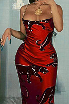 Red Euramerican Sexy Condole Belt Leopard Pattern Long Dress AYL2025-1