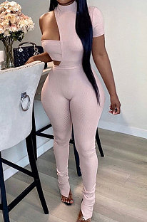 Pink Autumn Solid Color Left Side Short Sleeve Right Side Dew Waist Sleeveless Irregular Strapless Jumpsuits Sets HMA2084-2