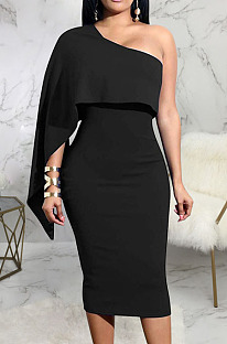 Black Luxe Elegant Oblique Shoulder Collect Waist For Party Plain Dress SMR5396-3