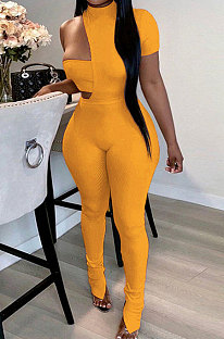 Orange Autumn Solid Color Left Side Short Sleeve Right Side Dew Waist Sleeveless Irregular Strapless Jumpsuits Sets HMA2084-4