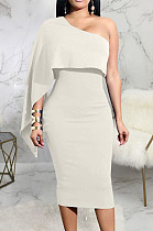 White Luxe Elegant Oblique Shoulder Collect Waist For Party Plain Dress SMR5396-2
