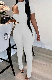 White Autumn Solid Color Left Side Short Sleeve Right Side Dew Waist Sleeveless Irregular Strapless Jumpsuits Sets HMA2084-1