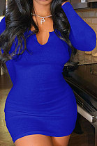 Blue Euramerican Women's Ribber Autumn V Collar Bodycon Sexy Mid Waist Long Sleeve Mini Dress HHX1120-7