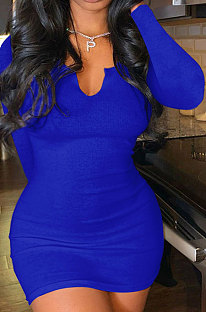 Blue Euramerican Women's Ribber Autumn V Collar Bodycon Sexy Mid Waist Long Sleeve Mini Dress HHX1120-7