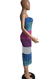 Blue Wuramerican Women's Fashion Casual Color Matching Ribber Strapless Midi Dress AYL2027-3