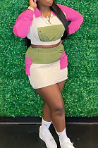 Rose Red Casual Multicolor Spliced Long Sleeve Zipper Tops Mini Skirts Suit SXS6076-1