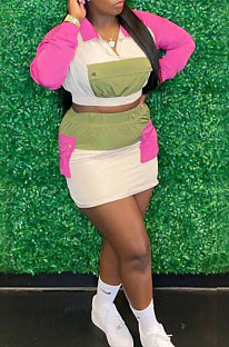 Rose Red Casual Multicolor Spliced Long Sleeve Zipper Tops Mini Skirts Suit SXS6076-1