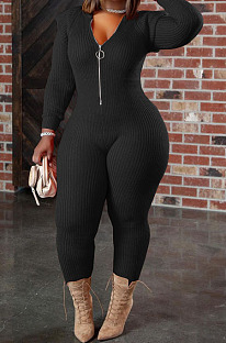 Black Wholesale Kintting Long Sleeve Zipper Slim Fitting Plain Hooded Jumpsuits TK6207-1