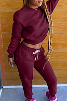 Wine Red Autumn Winter Long Sleeve Crop Tops Jogger Pants Plain Sport Suit WA77306-3