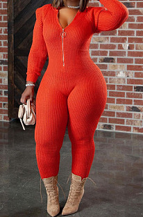 Orange Wholesale Kintting Long Sleeve Zipper Slim Fitting Plain Hooded Jumpsuits TK6207-2