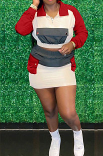 Red Casual Multicolor Spliced Long Sleeve Zipper Tops Mini Skirts Suit SXS6076-2