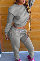 Grey Autumn Winter Long Sleeve Crop Tops Jogger Pants Plain Sport Suit WA77306-4