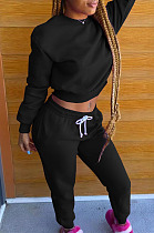 Black Autumn Winter Long Sleeve Crop Tops Jogger Pants Plain Sport Suit WA77306-2