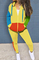 Yellow New Women's Spliced Drawstrint Zipper Hoodie Skinny Pants Sport Suit  SZS6054-4