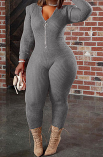 Grey Wholesale Kintting Long Sleeve Zipper Slim Fitting Plain Hooded Jumpsuits TK6207-4