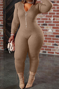 Khaki Wholesale Kintting Long Sleeve Zipper Slim Fitting Plain Hooded Jumpsuits TK6207-3