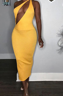 Yellow Sexy Bodycon Ribber Hip HollowOut Solid Color Long Dress KF120-2