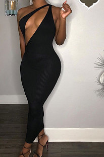 Black Sexy Bodycon Ribber Hip HollowOut Solid Color Long Dress KF120-1