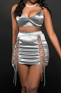 Silver  Sexy Night Club Pure Color Strapless Bandage Hollow Out Hip Skirts Suit WP6052-2