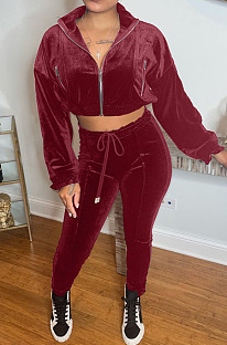 Wine Red Casual Velvet Long Sleeve Zipper Tops Trousers Sport Plain Suit X9333-2