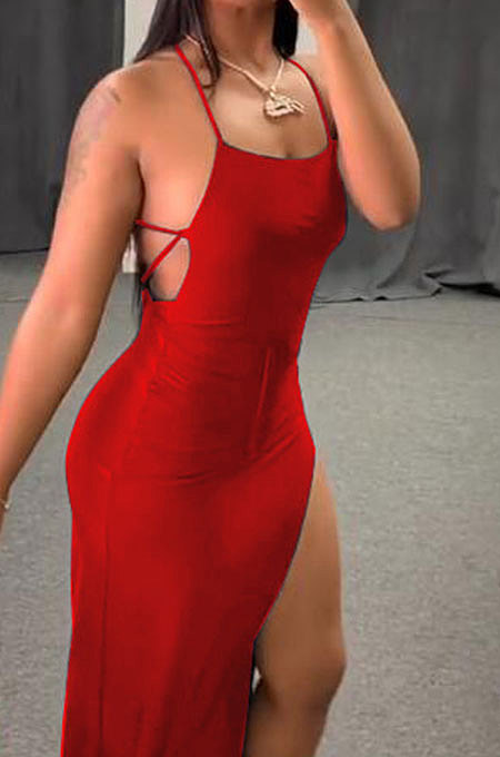 Red Sexy Euramerican Condole Belt Bandage Backless Split Long Dress K2003-2