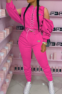 SUPER WHOLESALE|Rose Red Wholesale Women's Spliced Bandage Tops Pencil Pants Casual Plain Suit YM234-1