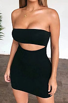 Black Autumn Winter Women's Hollow Out Hip Strapless Off Shoulder Sleeveless Bodycon Mini Dress JSL542-4