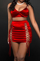Red Sexy Night Club Pure Color Strapless Bandage Hollow Out Hip Skirts Suit WP6052-1
