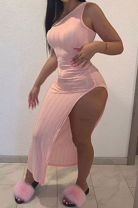 Pink Euramerican Split Casual Pure Color Off Shoulder Mid Waist Long Dress JXD1059876-4