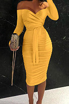 Euramerican Pure Color Irregular Long Sleeve Off Shoulder Ruffle Midi Dress QBE4052-7