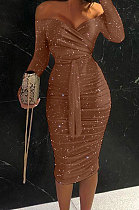 Euramerican Irregular Long Sleeve Off Shoulder Ruffle Midi Dress QBE4052-13