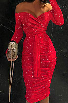 Euramerican Pure Color Irregular Long Sleeve Off Shoulder Ruffle Midi Dress QBE4052-6