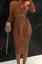 Euramerican Pure Color Irregular Long Sleeve Off Shoulder Ruffle Midi Dress QBE4052-9