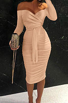 Euramerican Pure Color Irregular Long Sleeve Off Shoulder Ruffle Midi Dress QBE4052-8