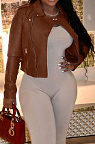 Coffee Winter Euramerican Side Zipper PU Leather Turn-Down Collar Bodycon Jacket LD82466-2