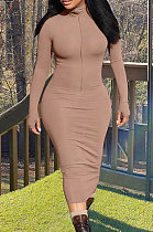 Brown Women's High Collar Ribber Pure Color Bodycon Zipper Midi Dress SMY81127-1