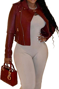 Wine Red Winter Euramerican Side Zipper PU Leather Turn-Down Collar Bodycon Jacket LD82466-1