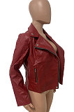 Wine Red Winter Euramerican Side Zipper PU Leather Turn-Down Collar Bodycon Jacket LD82466-1