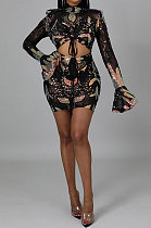 Black Fashion Sexy Hollow Out Bandage Horn Sleeve Hip Sequins Bodycon Mini Dress CCY9393-1